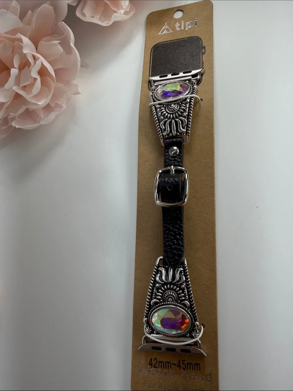 Black Leather Crystal Accent Watch Band for 42–45mm